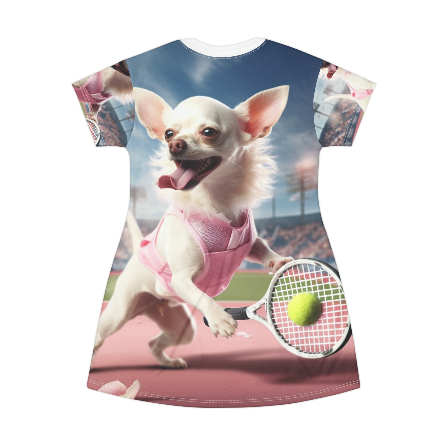 Chihuahua Tennis Ace: Dog Pink Outfit, Court Atheletic Sport Game - T-Shirt Dress (AOP)