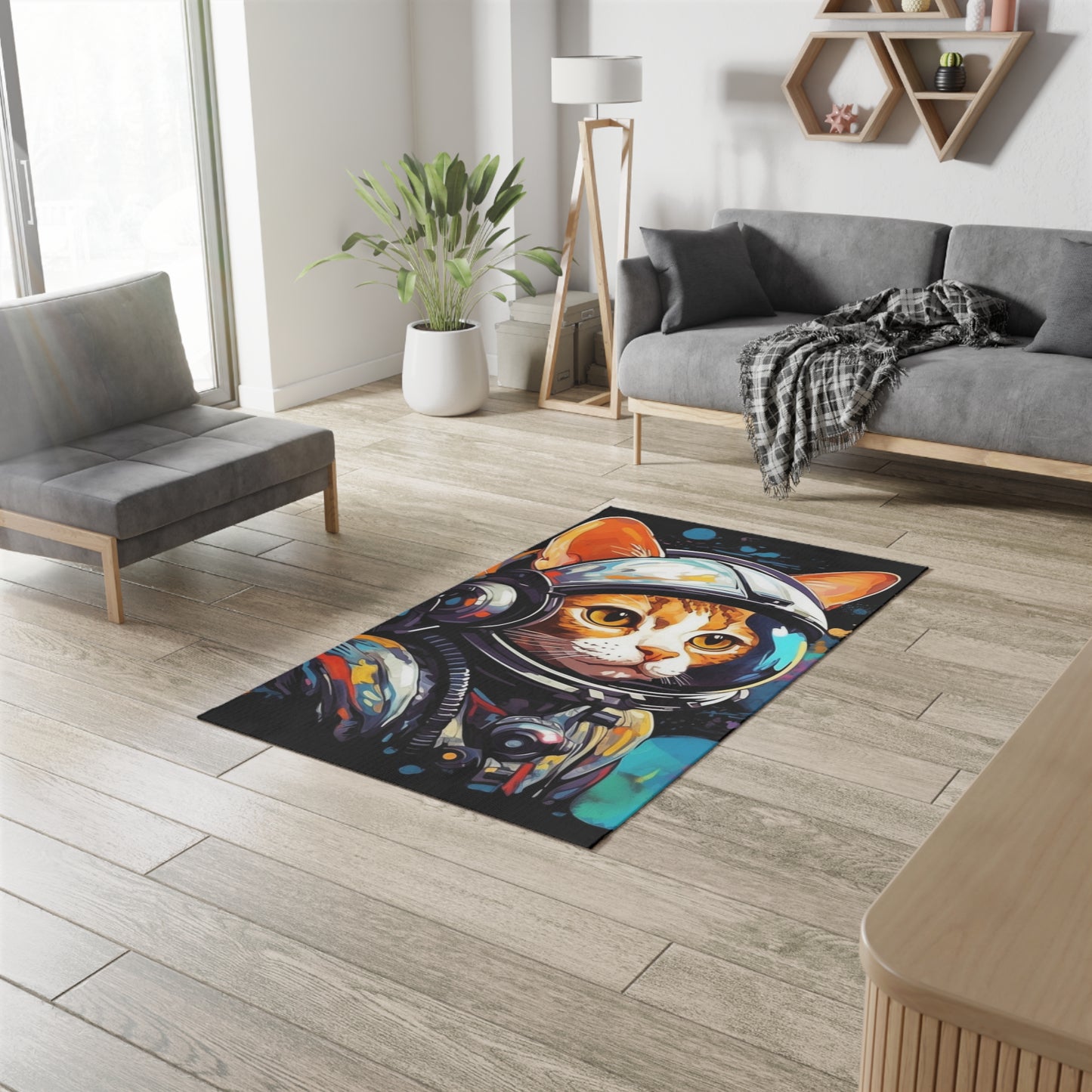 Astro Cat Adventure Feline - Pop Art, Floating in Cosmic Space - Dobby Rug