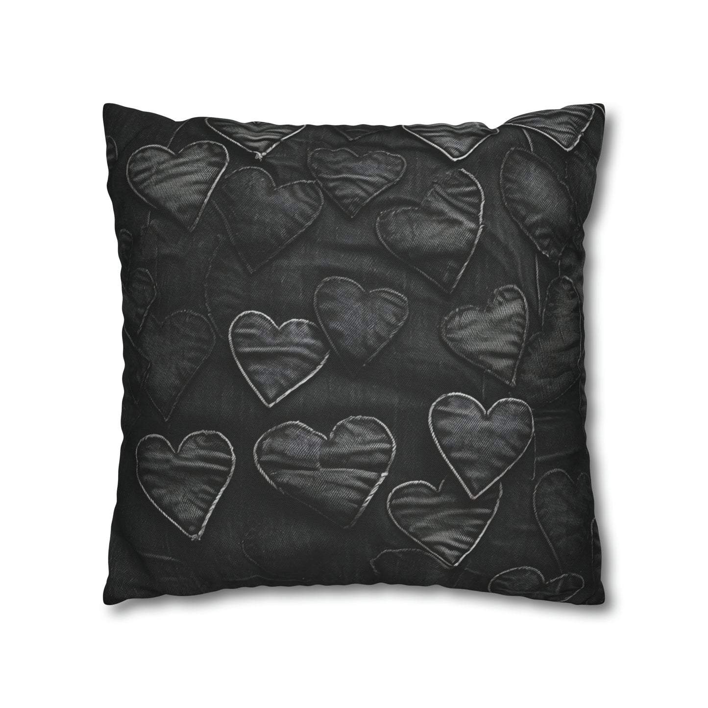 Negro azabache: diseño de bordado de corazón de tela inspirada en la mezclilla desgastada - Funda de almohada cuadrada de poliéster hilado 