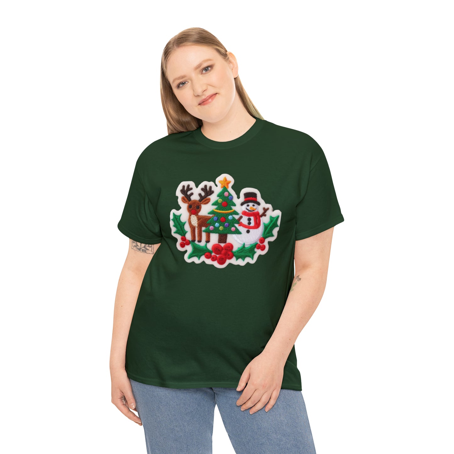 Christmas Snowman & Reindeer Embroidered Patch Design - Unisex Heavy Cotton Tee