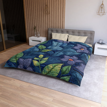 Floral Embroidery Blue: Denim-Inspired, Artisan-Crafted Flower Design - Microfiber Duvet Cover