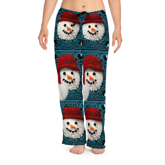 Manualidad de ganchillo con muñeco de nieve, alegría navideña navideña, país de las maravillas invernal - Pantalones de pijama para mujer (AOP)