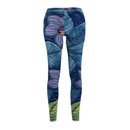 Floral Embroidery Blue: Denim-Inspired, Artisan-Crafted Flower Design - Women's Cut & Sew Casual Leggings (AOP)