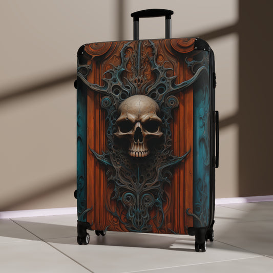 Gothic Fantasy Skull Door Art: Ornate Wooden Carving Suitcase