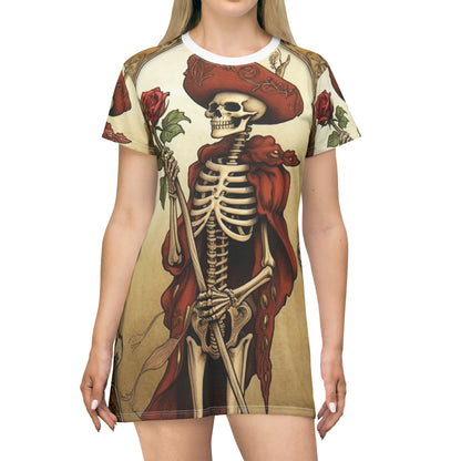 Death Card Tarot - Skeleton, Rose, and Transformation Journey - T-Shirt Dress (AOP)