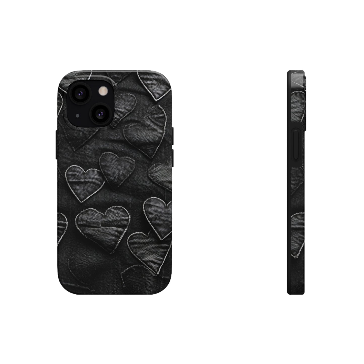 Black: Distressed Denim-Inspired Fabric Heart Embroidery Design - Tough Phone Cases