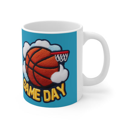 Diseño bordado con parche de chenilla de baloncesto del día del juego - Taza de cerámica de 11 oz 