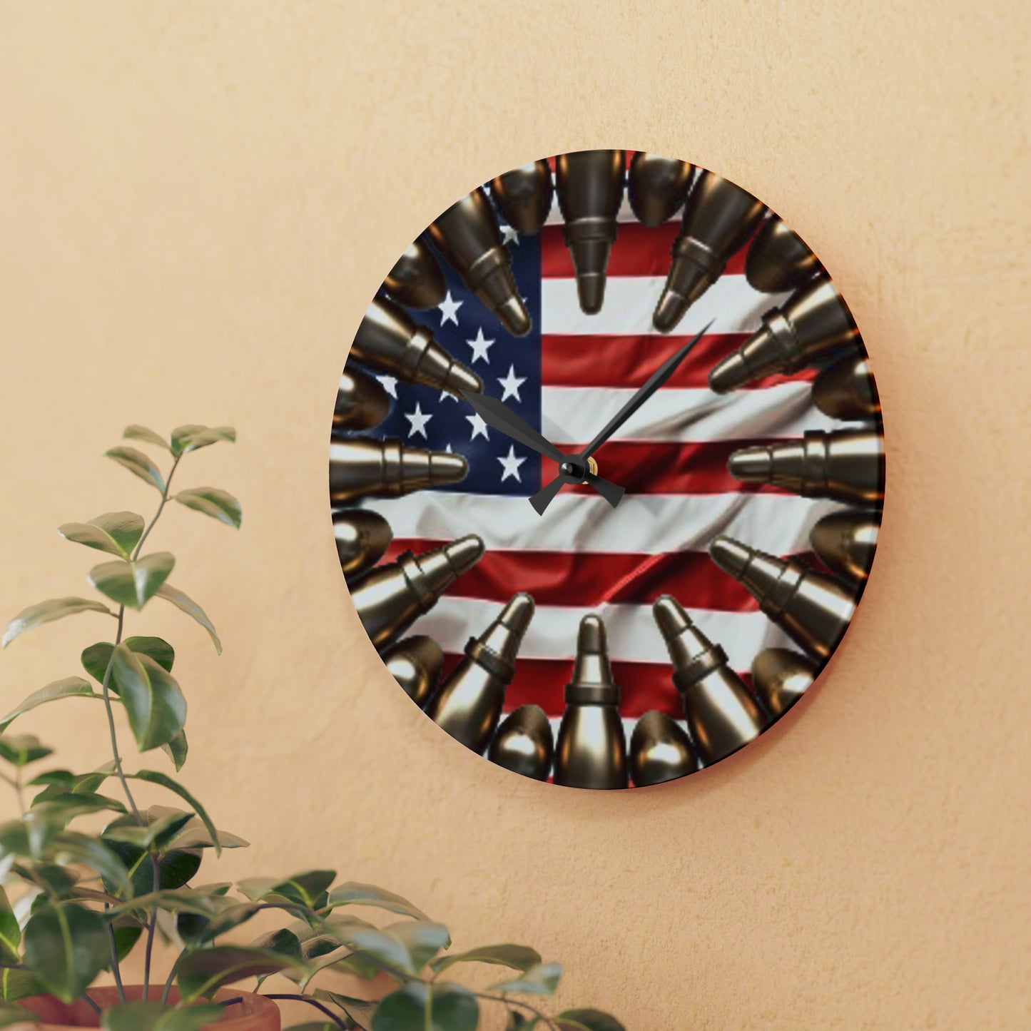 American Valor Acrylic Wall Clock - Patriotic Bullet Array, Non-Live Ammunition, Stars and Stripes Display, Heroic USA Timepiece