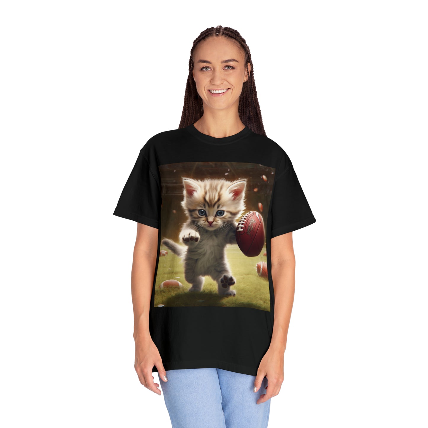 Football Kitty Fantasy: Feline Cat American Sport Quarterback - Unisex Garment-Dyed T-shirt