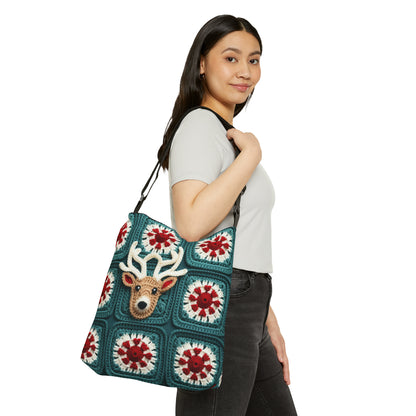 Christmas Reindeer Crochet, Wintry Wonderland Design, Festive Stag Motif. Embrace the Holiday Spirit - Adjustable Tote Bag (AOP)