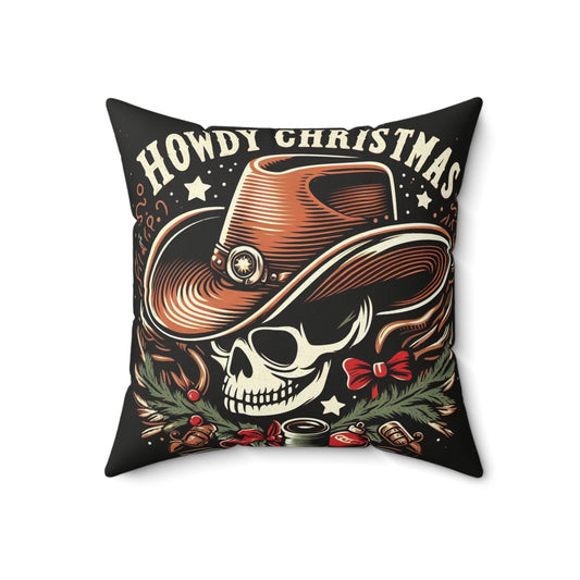 Espeluznante día festivo occidental - Hola Navidad con calavera de vaquero, sombrero festivo y decoración de temporada - Almohada cuadrada de poliéster hilado