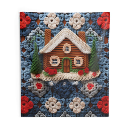 Cottagecore Log Cabin Crochet, Christmas Winter House Design, Rustic Holiday - Indoor Wall Tapestries