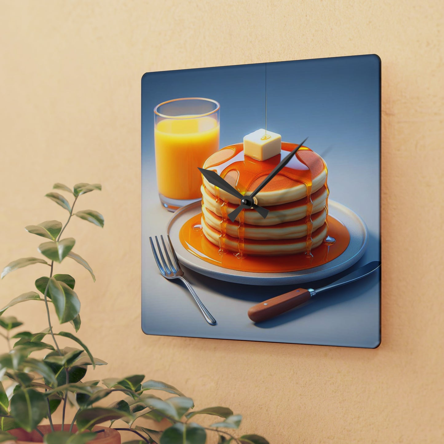 Breakfast  Acrylic Wall Clock - Fluffy Pancakes Stacked Plate, Golden Maple Syrup, Melting Butter, Glass of Orange Juice