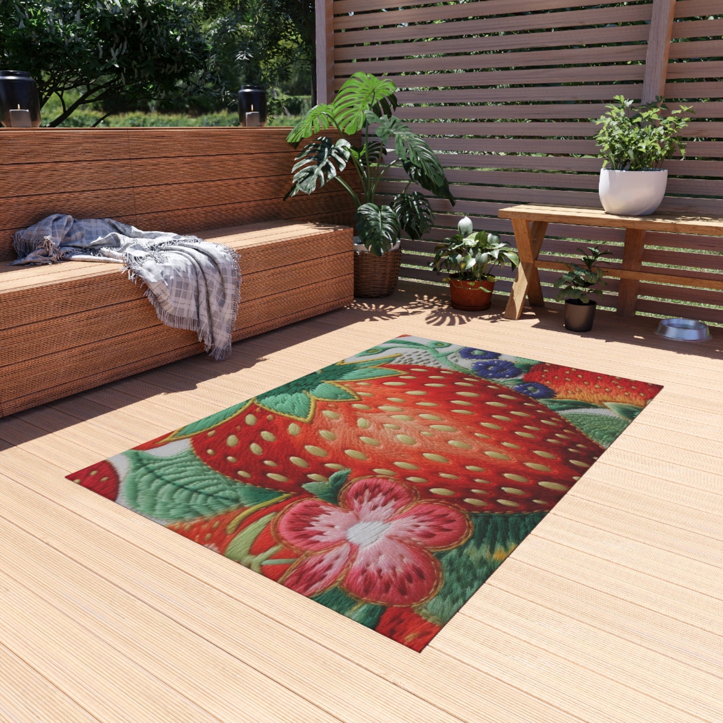 Berry Delight: Sun-Kissed Strawberries Fields Meet Embroidered Style Strawberry Patterns - Outdoor Rug