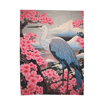 Sakura Blossoms Majestic Crane - Japanese, Birthday Gift for Dad, Traditional Indigo & Mount Fuji - Velveteen Plush Blanket