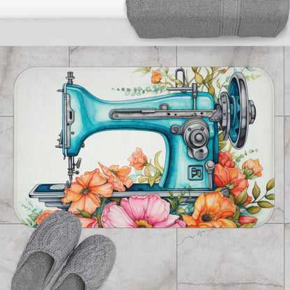 Máquina de coser azul aguamarina e ilustración floral en acuarela, artesanía artística - Alfombra de baño