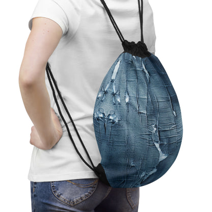 Distressed Blue Denim-Look: Edgy, Torn Fabric Design - Drawstring Bag