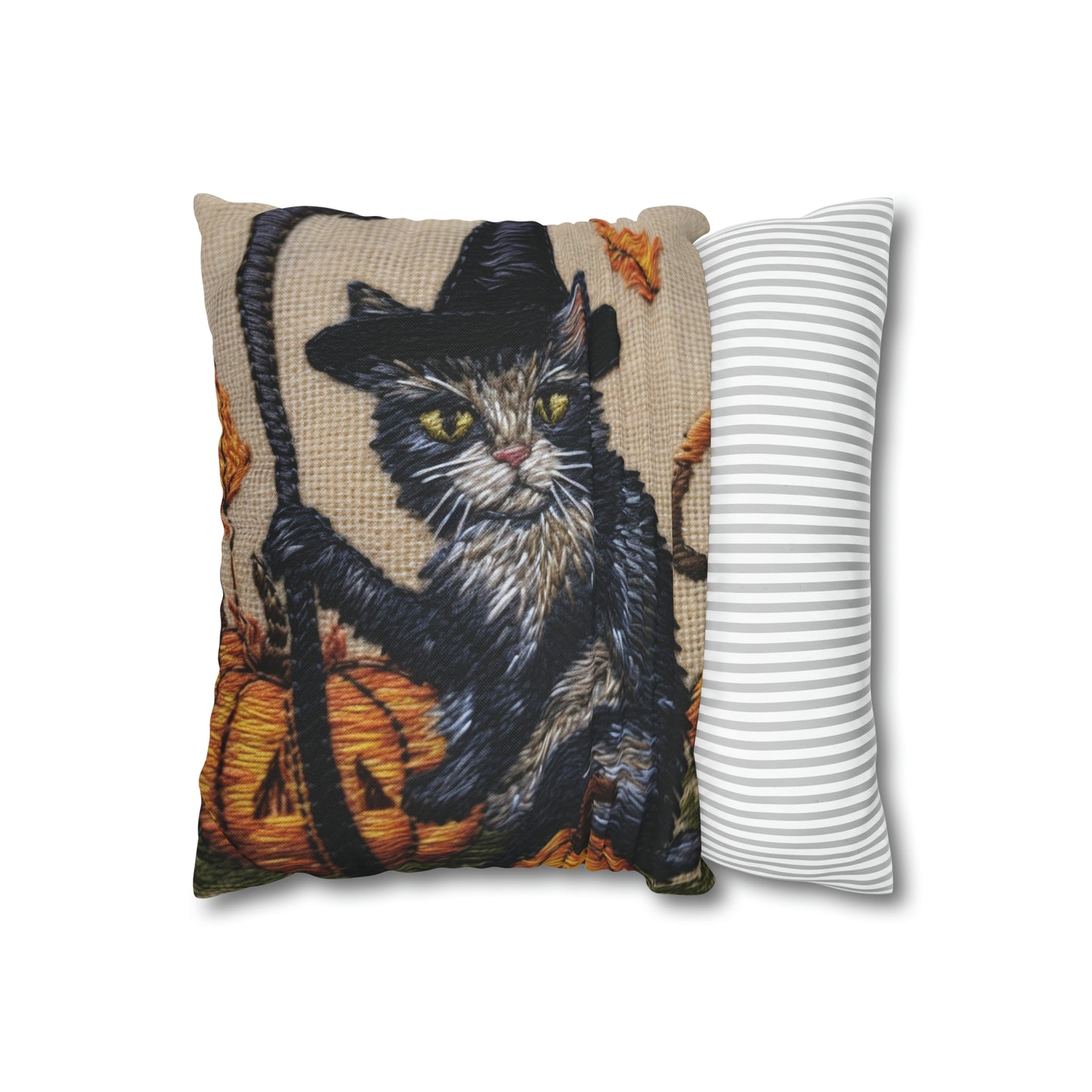 Halloween Cat Magic: Embroidered Style Feline with Pumpkins & Witch Hat - Spun Polyester Square Pillow Case