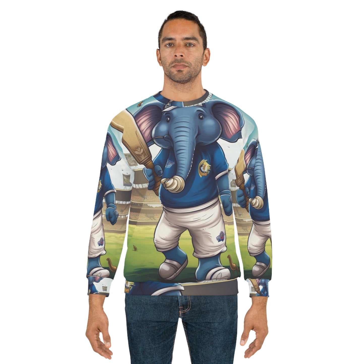 India Elephant Cricket Sport Star: Pitch, Run, Stump Game - Animated Charm - Unisex Sweatshirt (AOP)