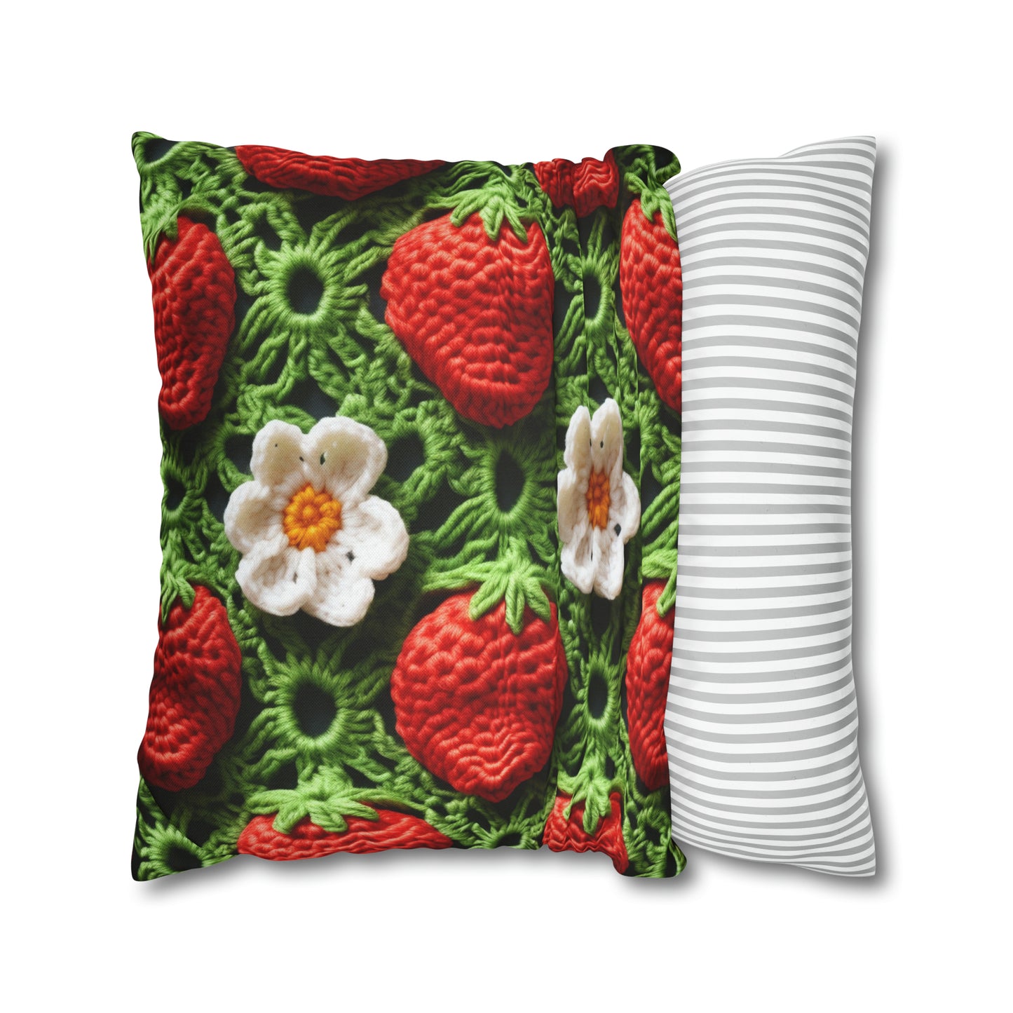 Strawberry Field Crochet - Forever Forest Greens - Fruit Berry Harvest Crop - Spun Polyester Square Pillow Case