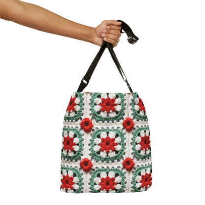 Christmas Granny Square Crochet, Cottagecore Winter Classic, Seasonal Holiday - Adjustable Tote Bag (AOP)