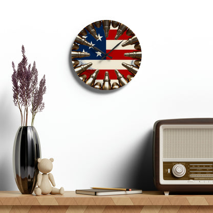 Freedom Rounds Acrylic Wall Clock - Faux Ammo Patriotic USA Flag Design, Americana Pride Decor, Stars & Stripes Homage Timepiece