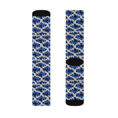 Blueberry Blue Crochet, White Accents, Classic Textured Pattern - Sublimation Socks