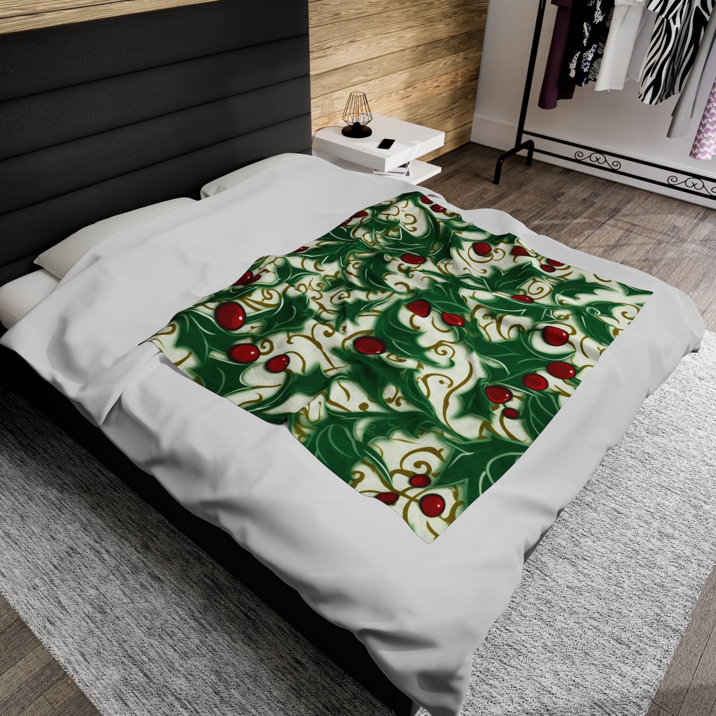 Holiday Elegance: Christmas Holly Swirls Design - Velveteen Plush Blanket