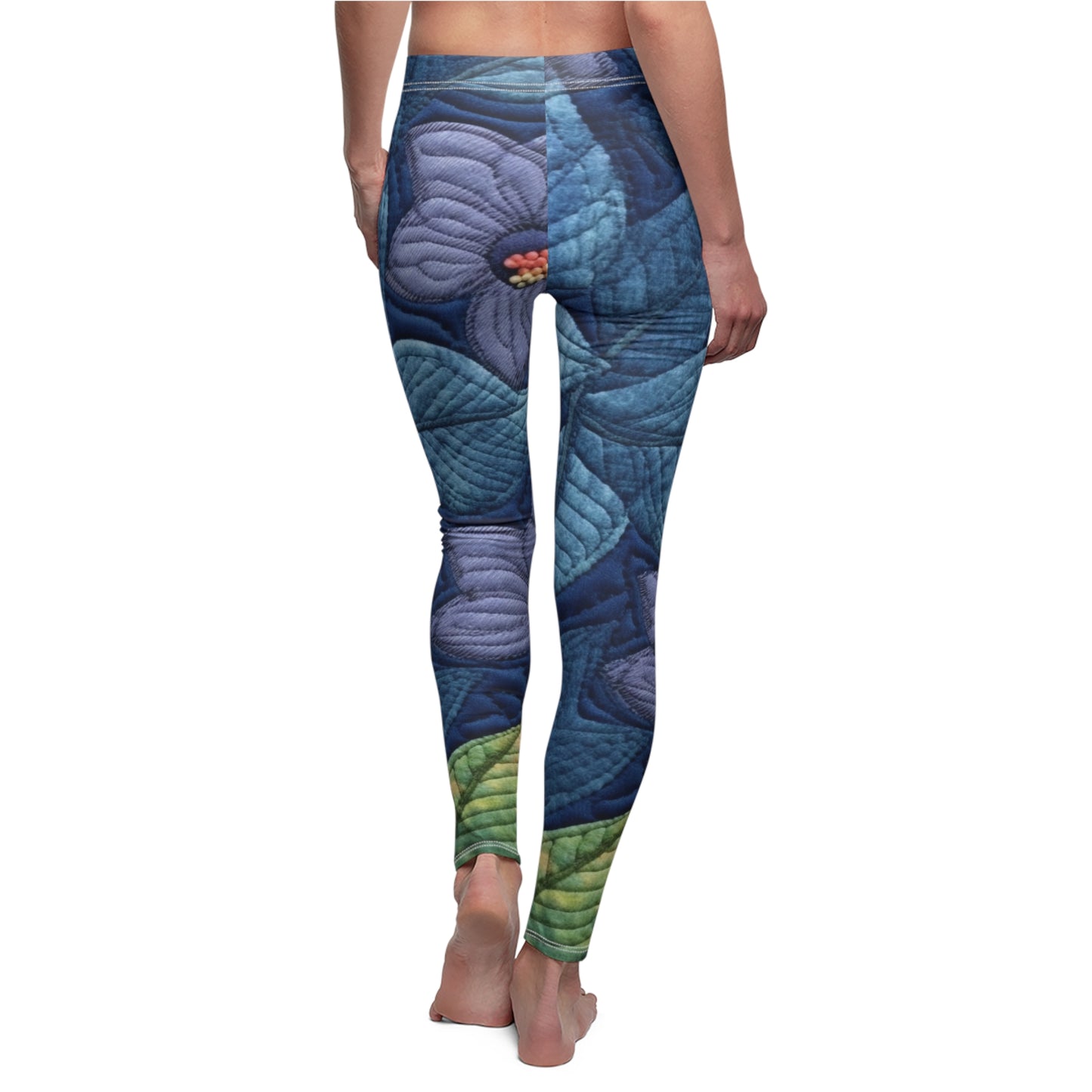 Floral Embroidery Blue: Denim-Inspired, Artisan-Crafted Flower Design - Women's Cut & Sew Casual Leggings (AOP)