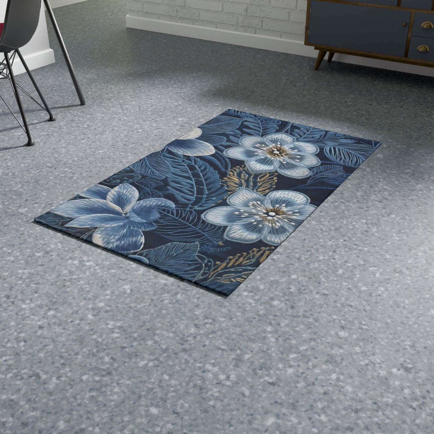 Flower Blossom Embroidery Floral on Denim Style - Dobby Rug