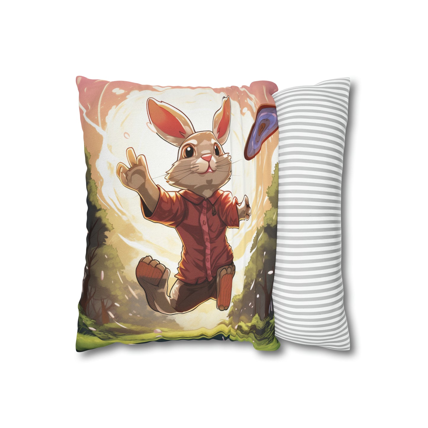 Disc Golf Rabbit: Bunny Aiming Frisbee for Basket Chain - Spun Polyester Square Pillow Case