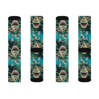 Laughing Lemon Sharks: Joyful Sea Jaws Ocean Deep - Sublimation Socks