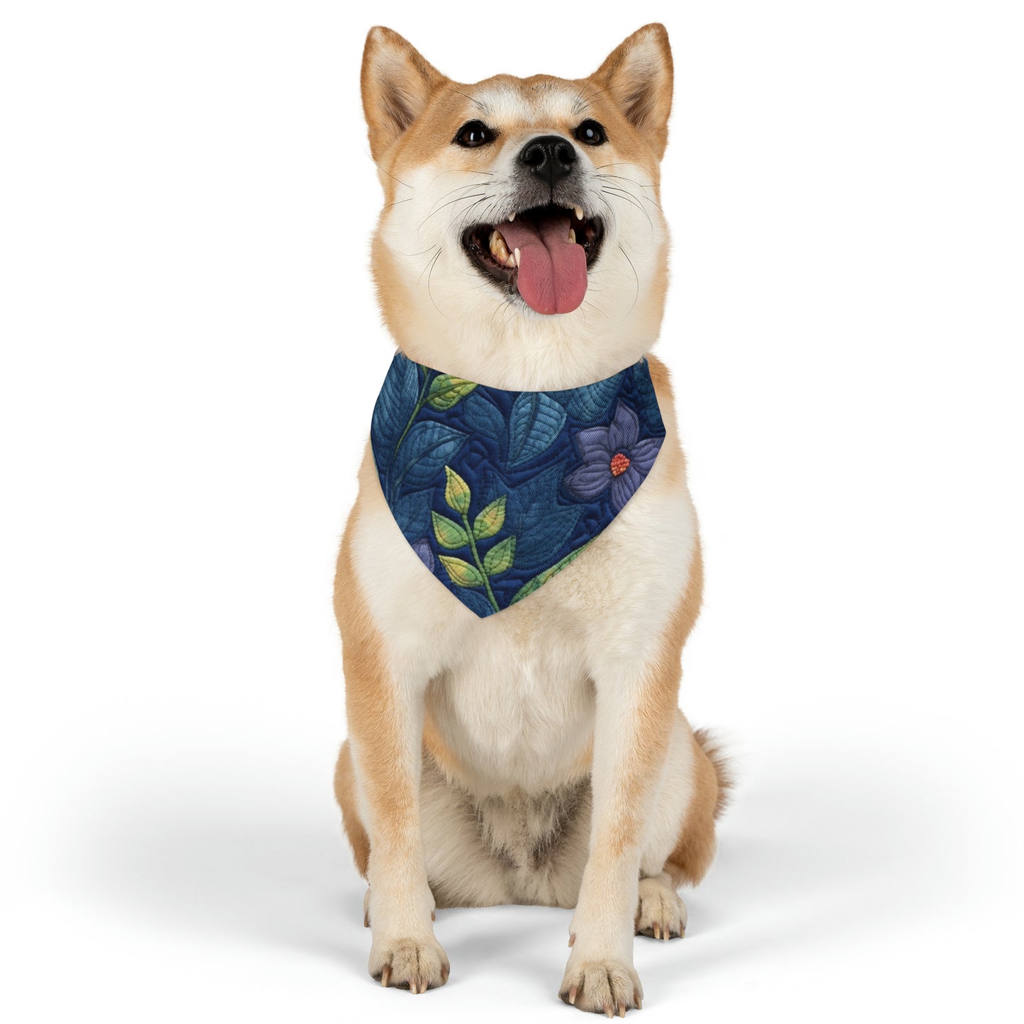 Floral Embroidery Blue: Denim-Inspired, Artisan-Crafted Flower Design - Pet Bandana Collar