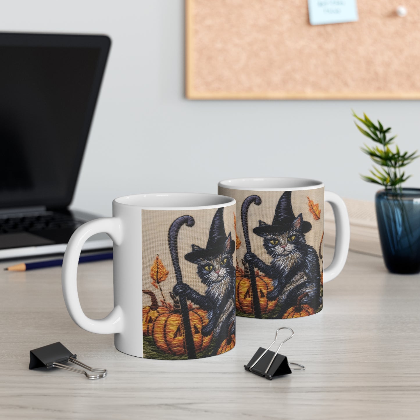 Halloween Cat Magic: Embroidered Style Feline with Pumpkins & Witch Hat - Ceramic Mug 11oz