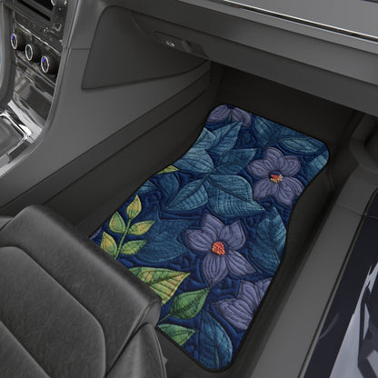 Floral Embroidery Blue: Denim-Inspired, Artisan-Crafted Flower Design - Car Mats (Set of 4)