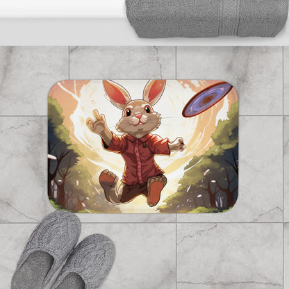 Disc Golf Rabbit: Bunny Aiming Frisbee for Basket Chain - Bath Mat