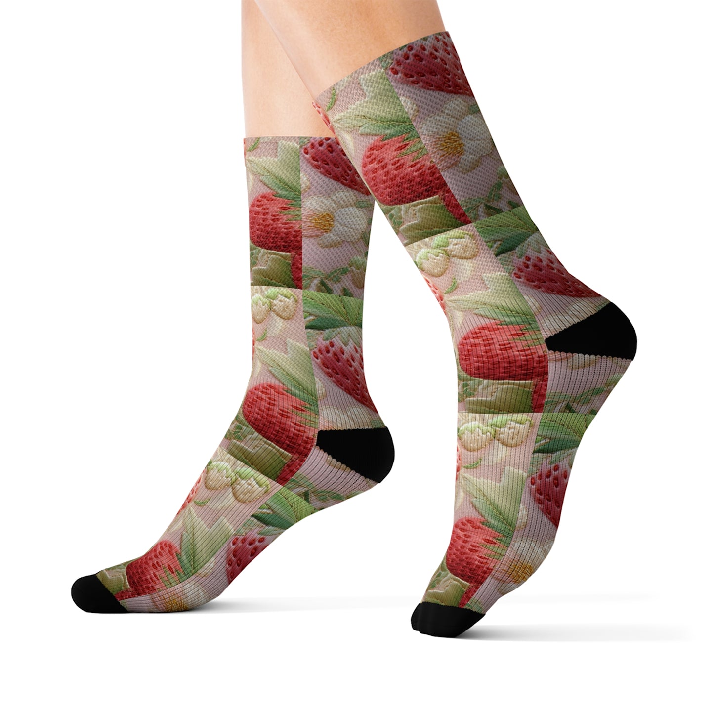 Red Berry Strawberries - Embroid Fruit - Healthy Crop Feast Food Design - Sublimation Socks