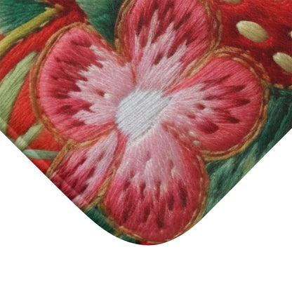 Berry Delight: Sun-Kissed Strawberries Fields Meet Embroidered Style Strawberry Patterns - Bath Mat