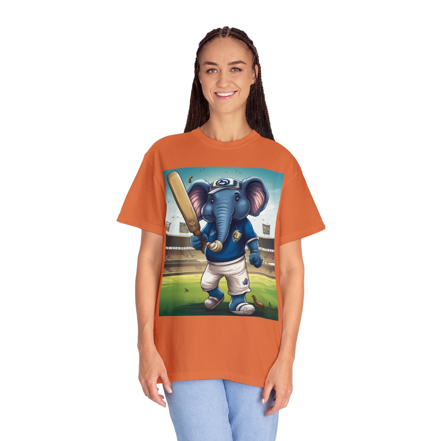 India Elephant Cricket Sport Star: Pitch, Run, Stump Game - Animated Charm - Unisex Garment-Dyed T-shirt