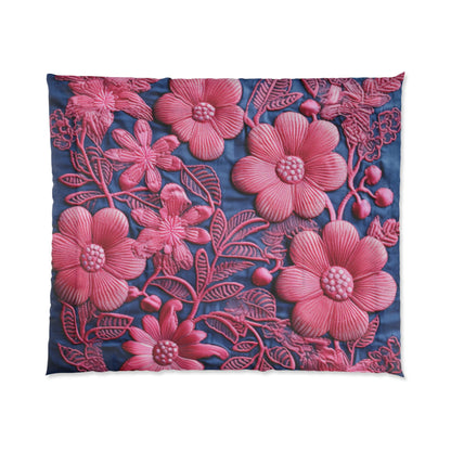 Denim Blue Doll Pink Floral Embroidery Style Fabric Flowers - Comforter