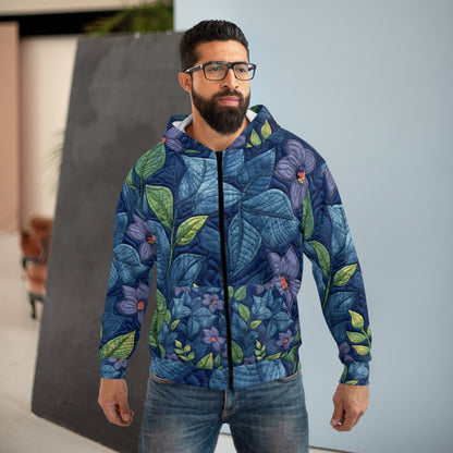 Floral Embroidery Blue: Denim-Inspired, Artisan-Crafted Flower Design - Unisex Zip Hoodie (AOP)