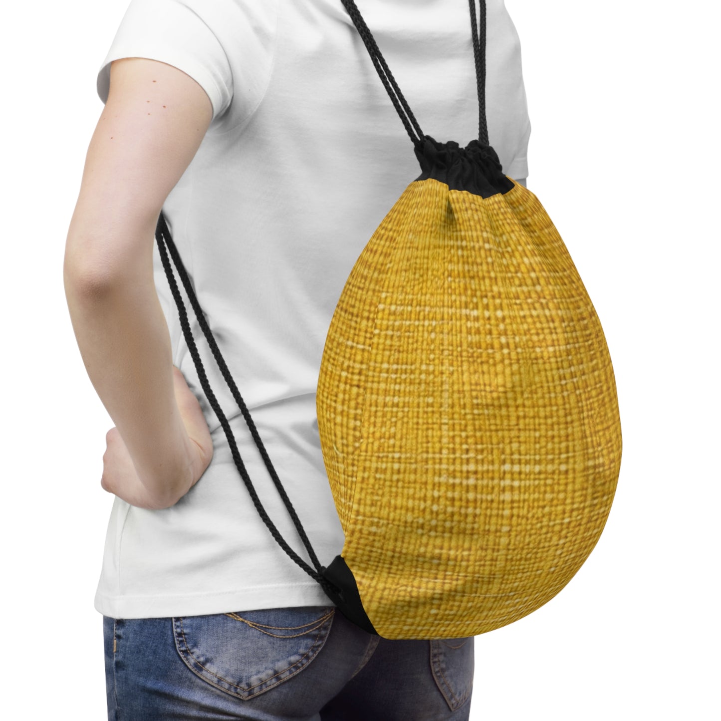 Radiant Sunny Yellow: Denim-Inspired Summer Fabric - Drawstring Bag
