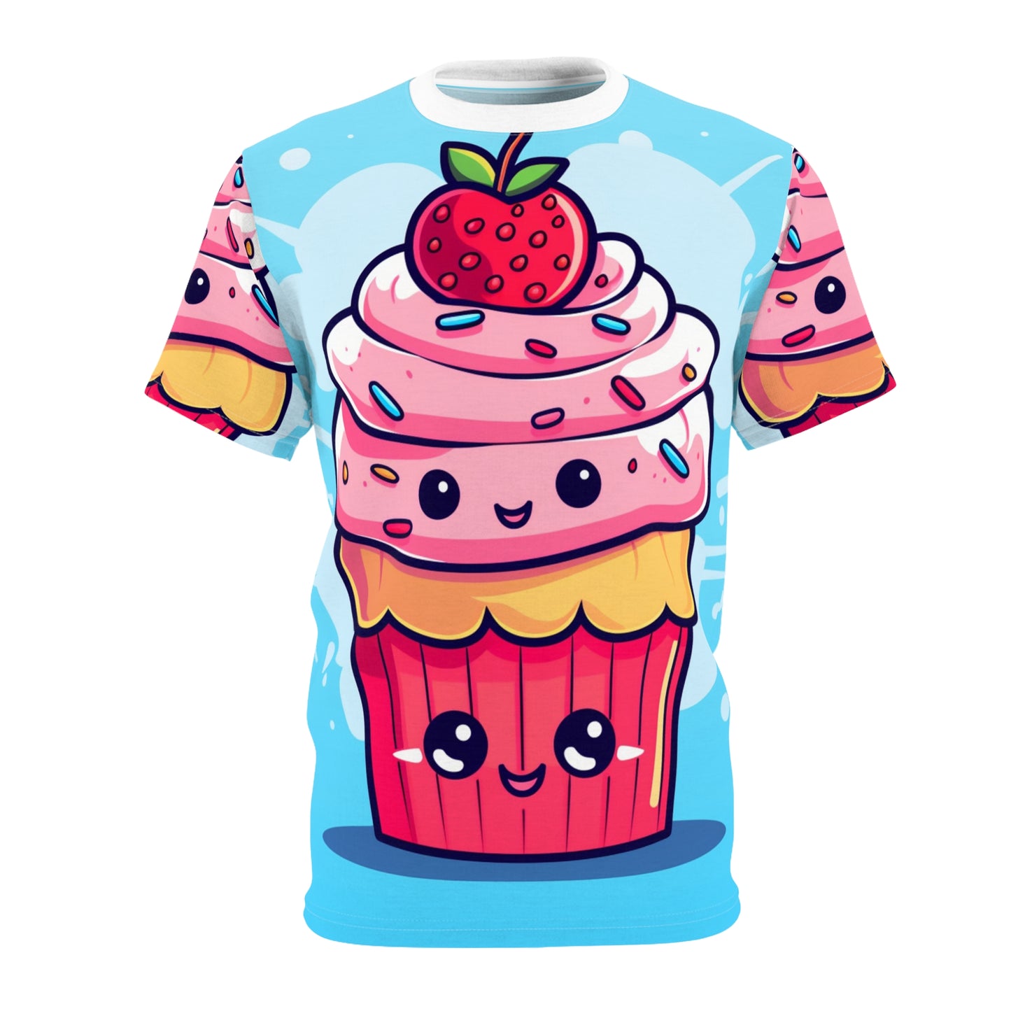 Strawberry Delight – かわいいカップケーキアート – 甘いアニメマンガデザートチャーム – ユニセックスカットソーTシャツ (AOP) 