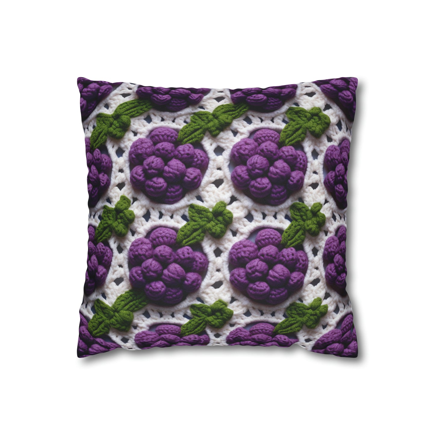 Crochet Grapes Pattern - Granny Square Design - Fresh Fruit Pick - Orchard Purple Snack Food - Spun Polyester Square Pillow Case