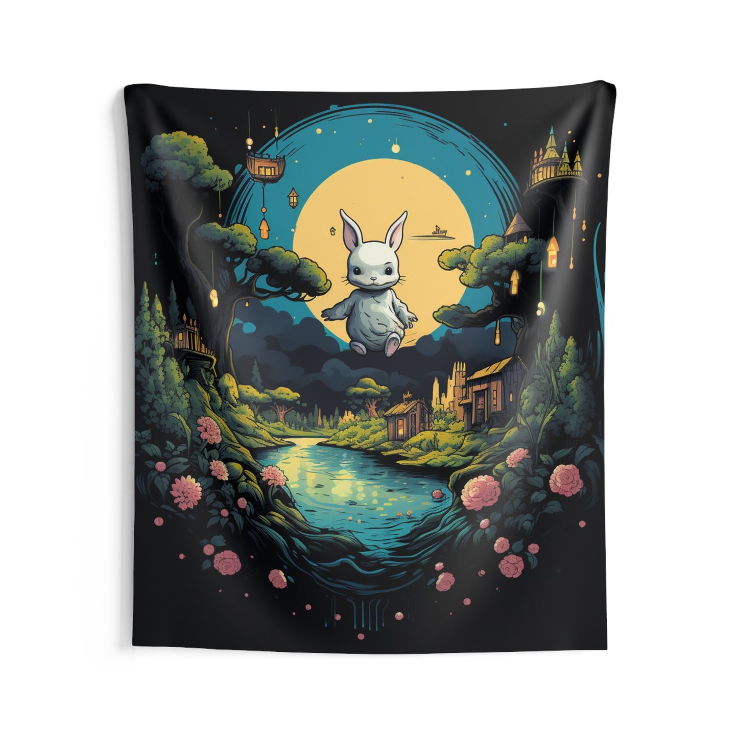 White Rabbit Mystery Psychedelic Fantasy Anime Cartoon Bunny - Indoor Wall Tapestries