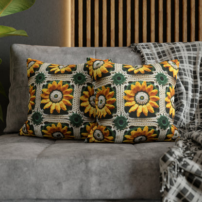 Sunflower Crochet Elegance, Granny Square Design, Radiant Floral Motif. Bring the Warmth of Sunflowers to Your Space - Spun Polyester Square Pillow Case