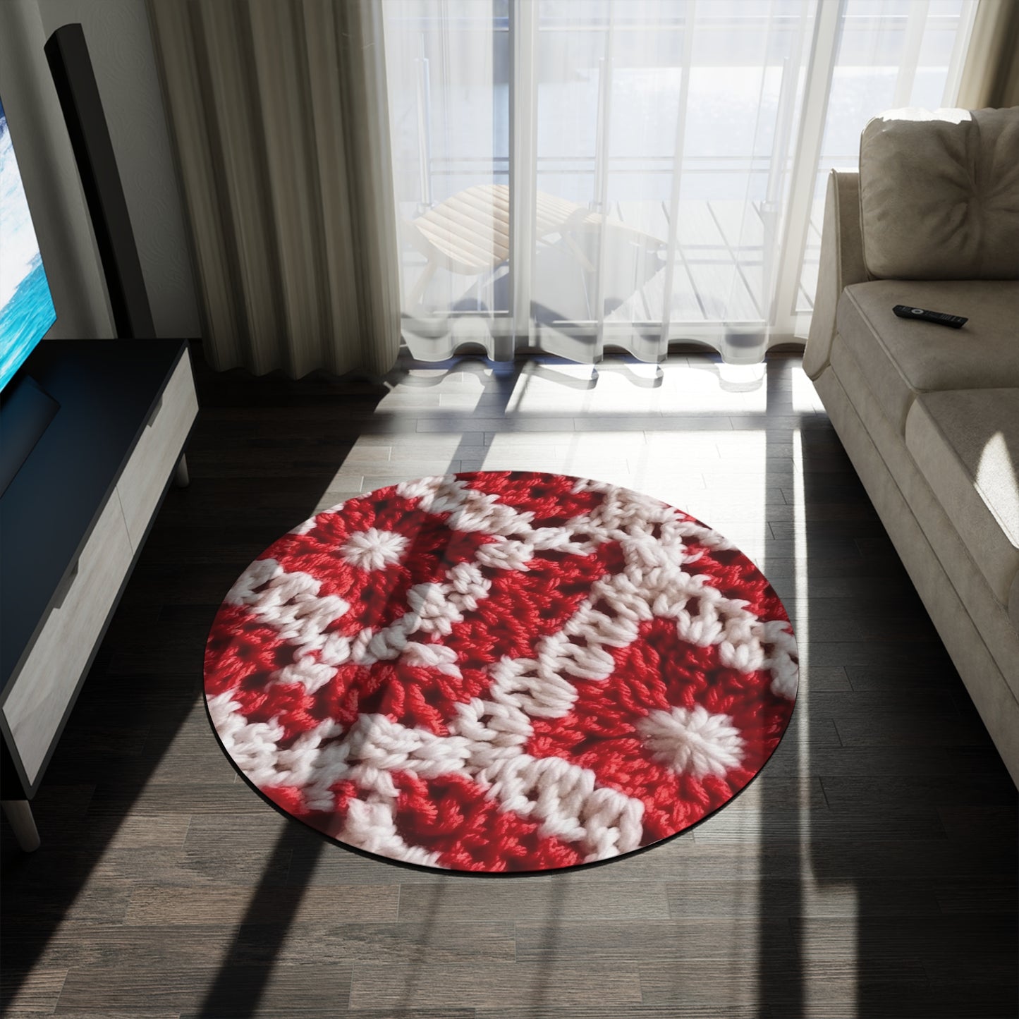 Warm Winter Red & White Crochet Knit: Cinematic Chic Texture Design - Round Rug