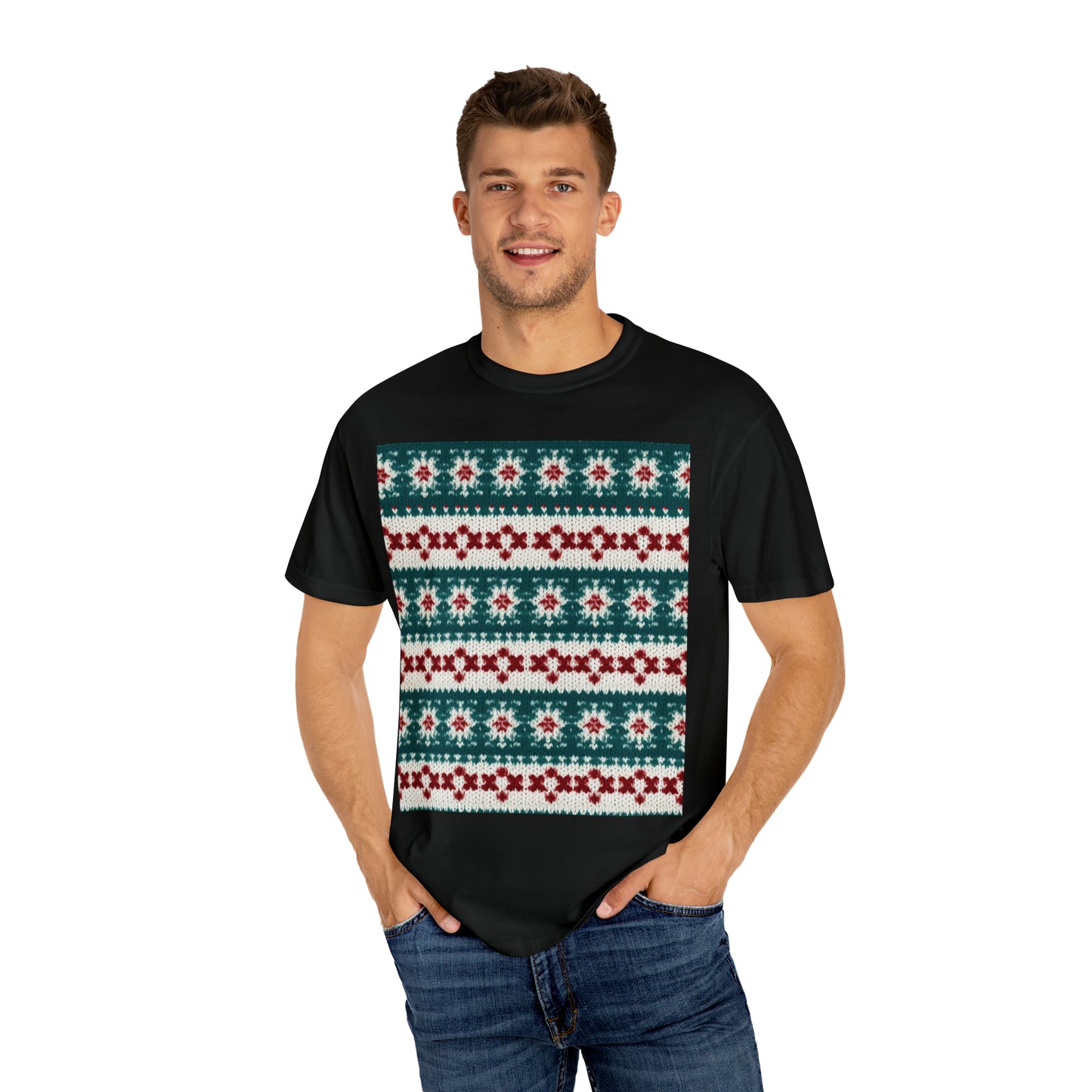 Christmas Knit Crochet Holiday, Festive Yuletide Pattern, Winter Season - Unisex Garment-Dyed T-shirt