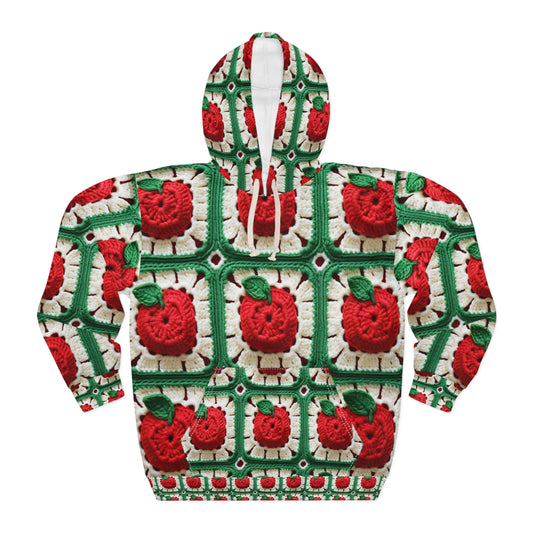 Apple Granny Square Crochet Pattern: Wild Fruit Tree, Delicious Red Design - Unisex Pullover Hoodie (AOP)