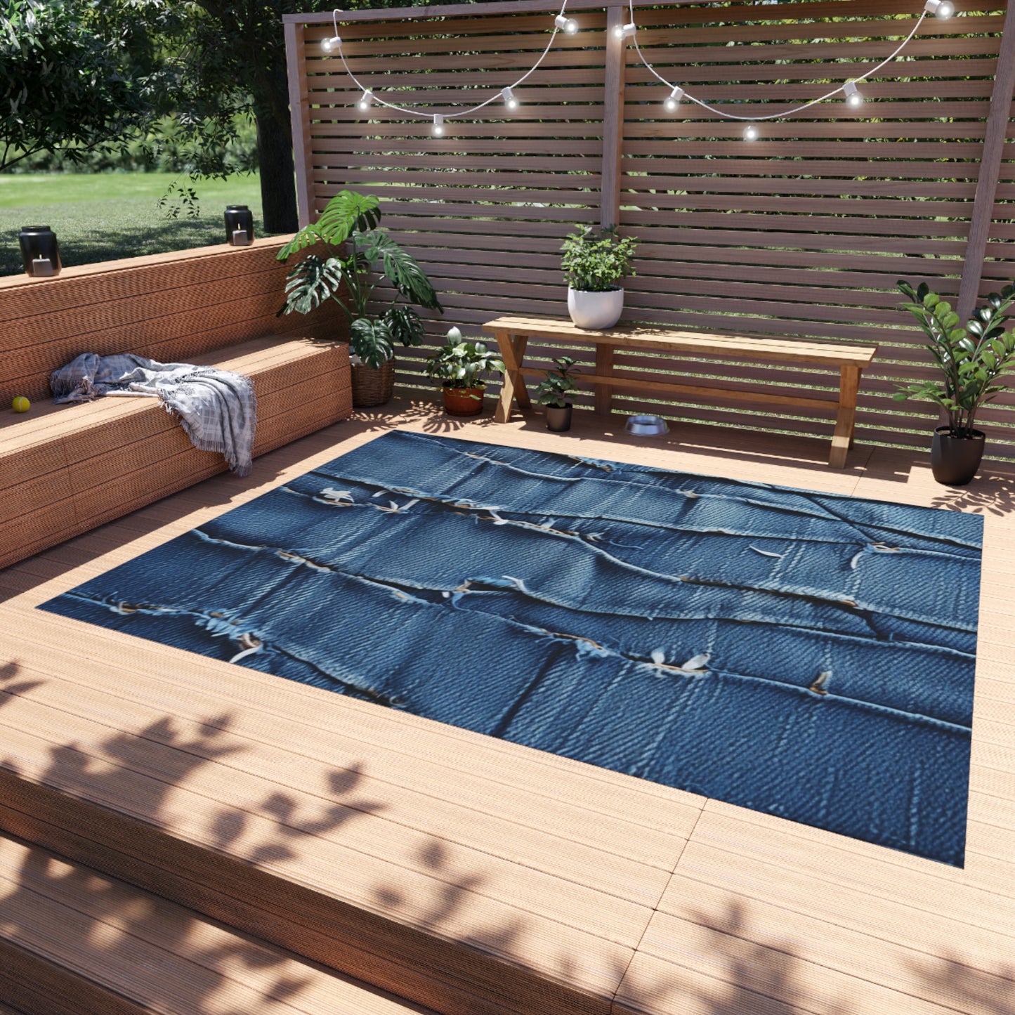 Midnight Blue Distressed Denim: Rugged, Torn & Stylish Design - Outdoor Rug